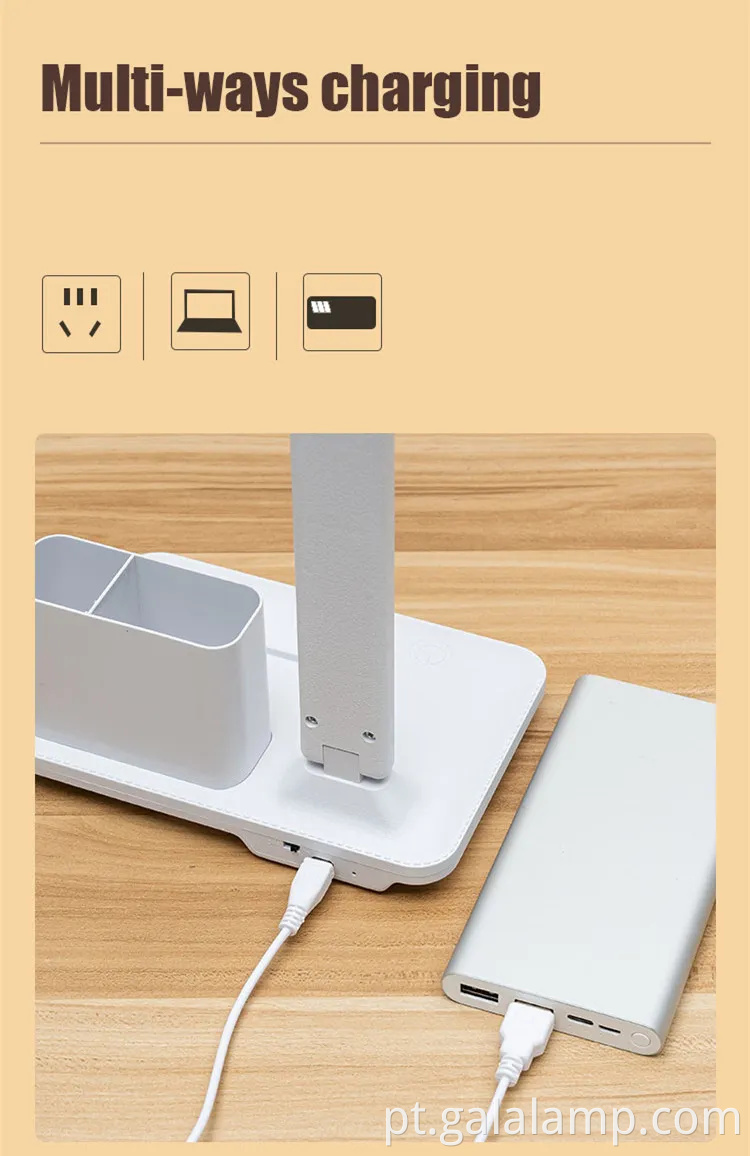 Lâmpada de mesa dobrável recarregável moderna com suporte de caneta